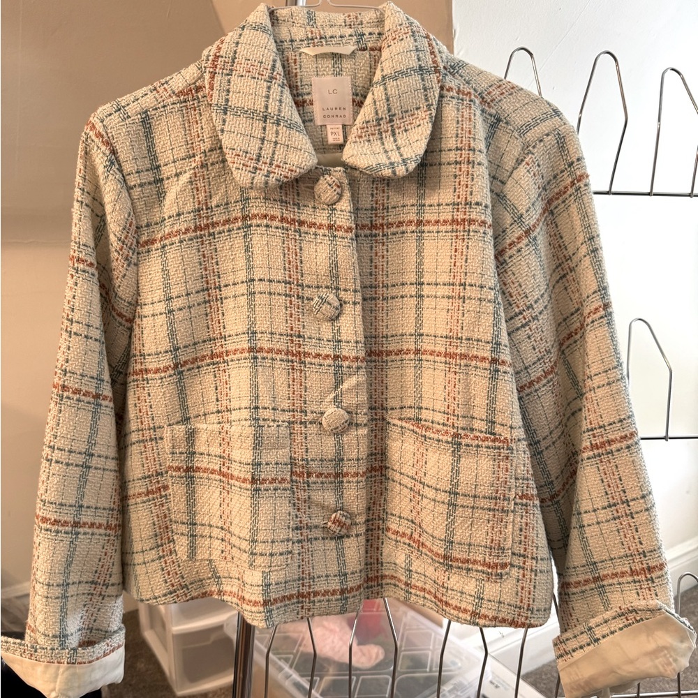 Lauren Conrad White Blue Tan Plaid Jacket Size XLP - Picture 4 of 4